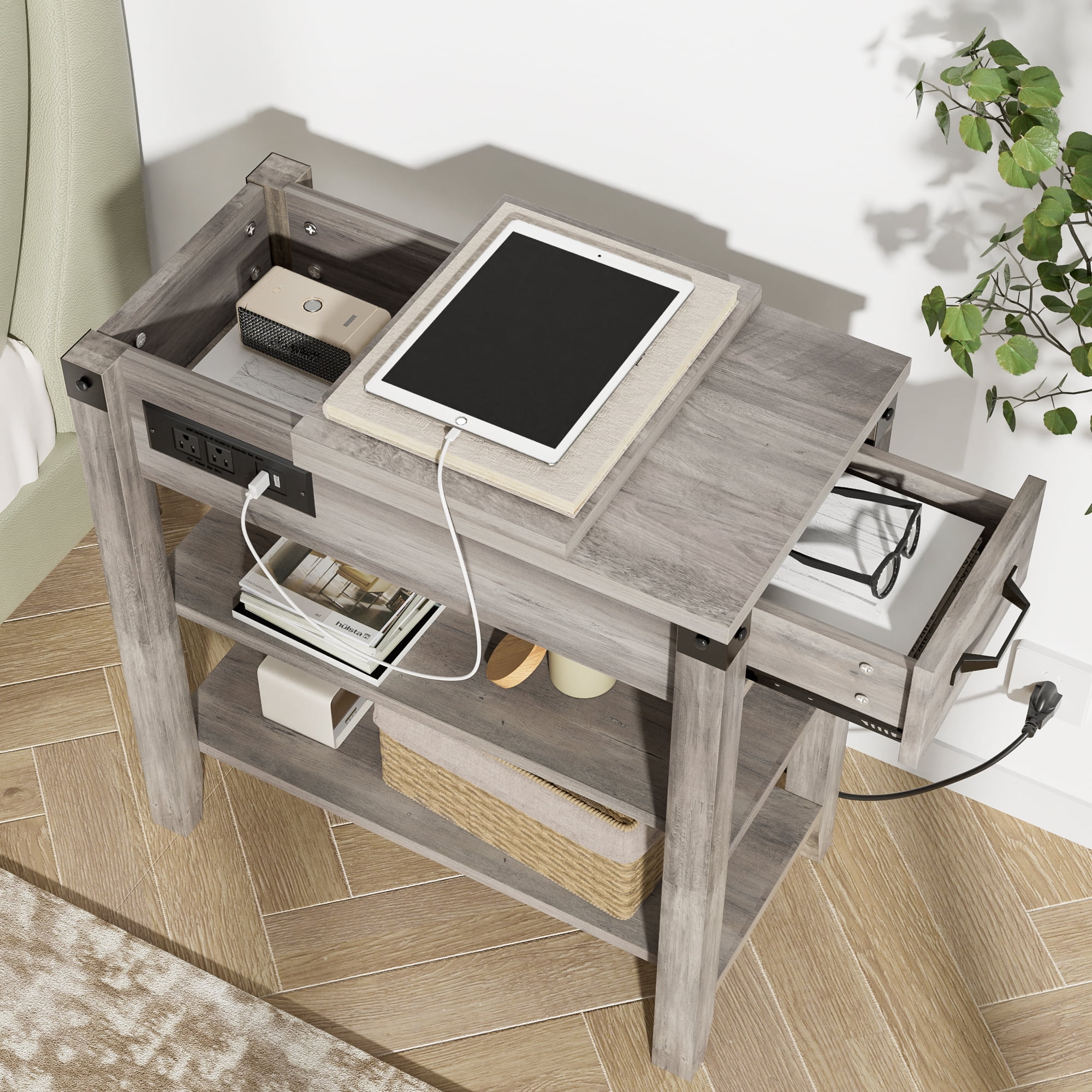 WhizMax End Table with Charging Station, 3-Tier Narrow Side Table with Drawer and Storage End Table Wood Farmhouse Bed Side Table/Night Stand for Living Room Bedroom Office (Rustic Grey)