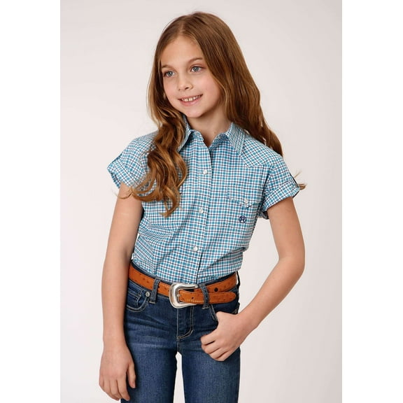 Roper Girls Short Sleeve Snap Stretch Check Western Shirt