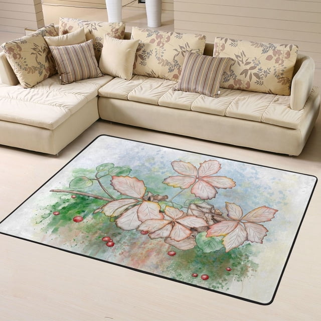 DouZhe Green Leaves Berries Pattern Area Rugs Non-Slip Machine Washable Floor Mat, Autumn Watercolor Style Carpet Doormat, 63x48 inches