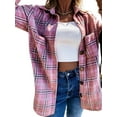 thumbnail image 3 of Women Flannel Shacket Plaid Button Down Long Sleeve Shirts Jacket Coats Fall Outfits Fashion Clothes Pink M, 3 of 9