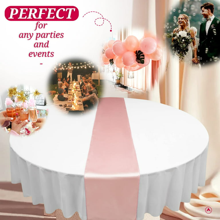  12 Pack 12x108 Inch Satin Table Runner and 84 Inch Round  Plastic Tablecloths Set Black and Gold Disposable Round Table Cover for  Graduation Wedding Bridal Shower Anniversary Birthday Party Decorations 