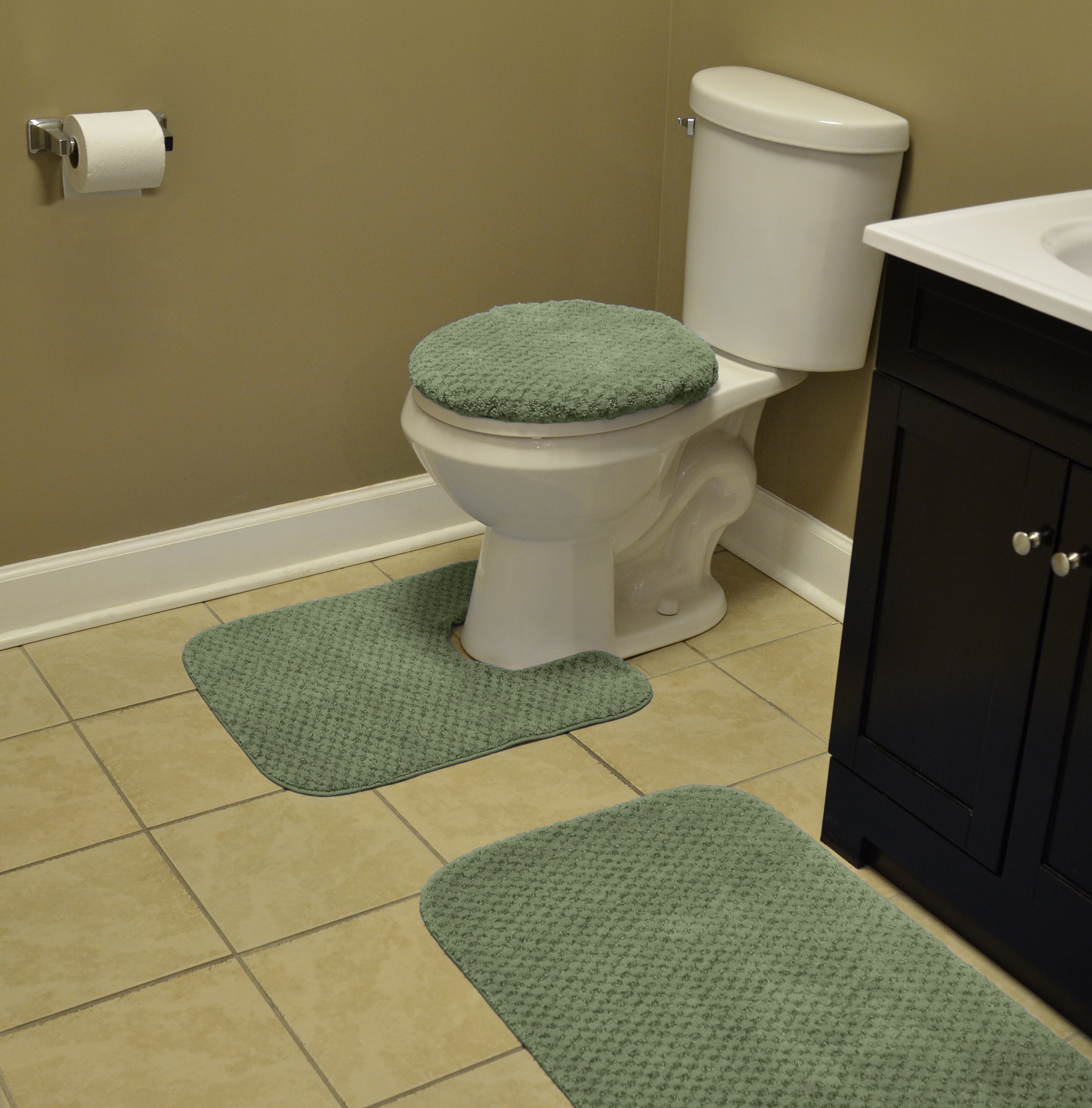 Garland Rug Cabernet Washable Nylon Bath Rug Set, 3 Piece Set (21"x34" Bath Rug, Contour Rug, & Toilet Lid) Deep Fern