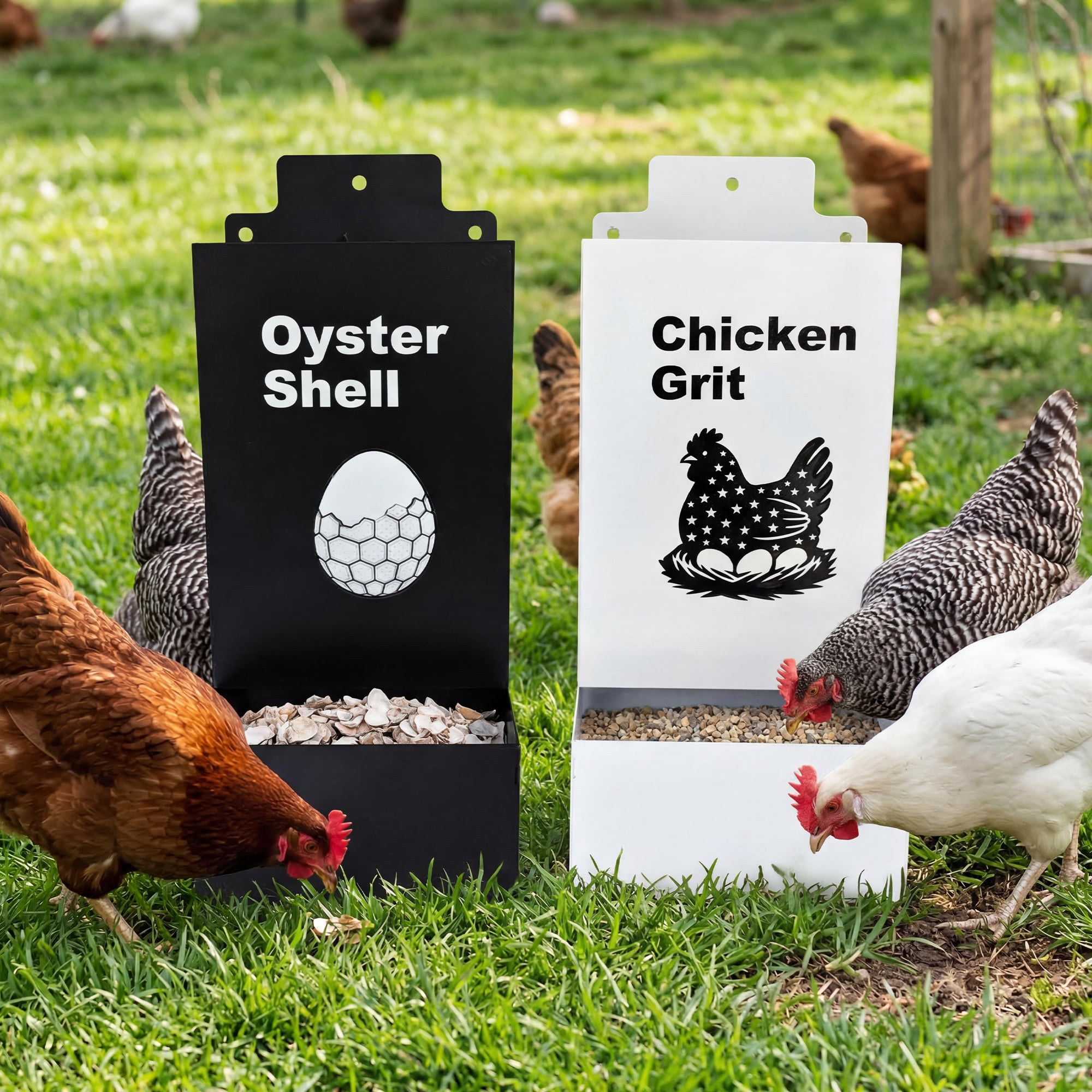 Hanging Chicken Feeder Set Oyster Shell & Grit Feeder Metal Poultry Feeder No Waste Outdoor Hanging Feed Dispenser for Coop Duck Quail, Black & White