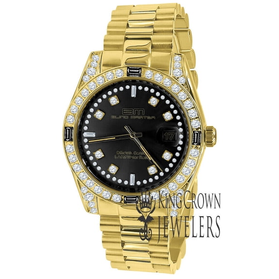 Mens Full Stainless Steel Black Onyx Dial Simulated Diamond Gold Tone 40mm Presidential Watch