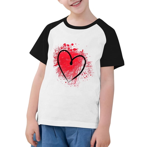 Girls Contrast Patchwork Raglan Sleeve T Shirt Cute Love Heart Printh Basic Short Sleeve Casual Tee Tops for 3-14Y