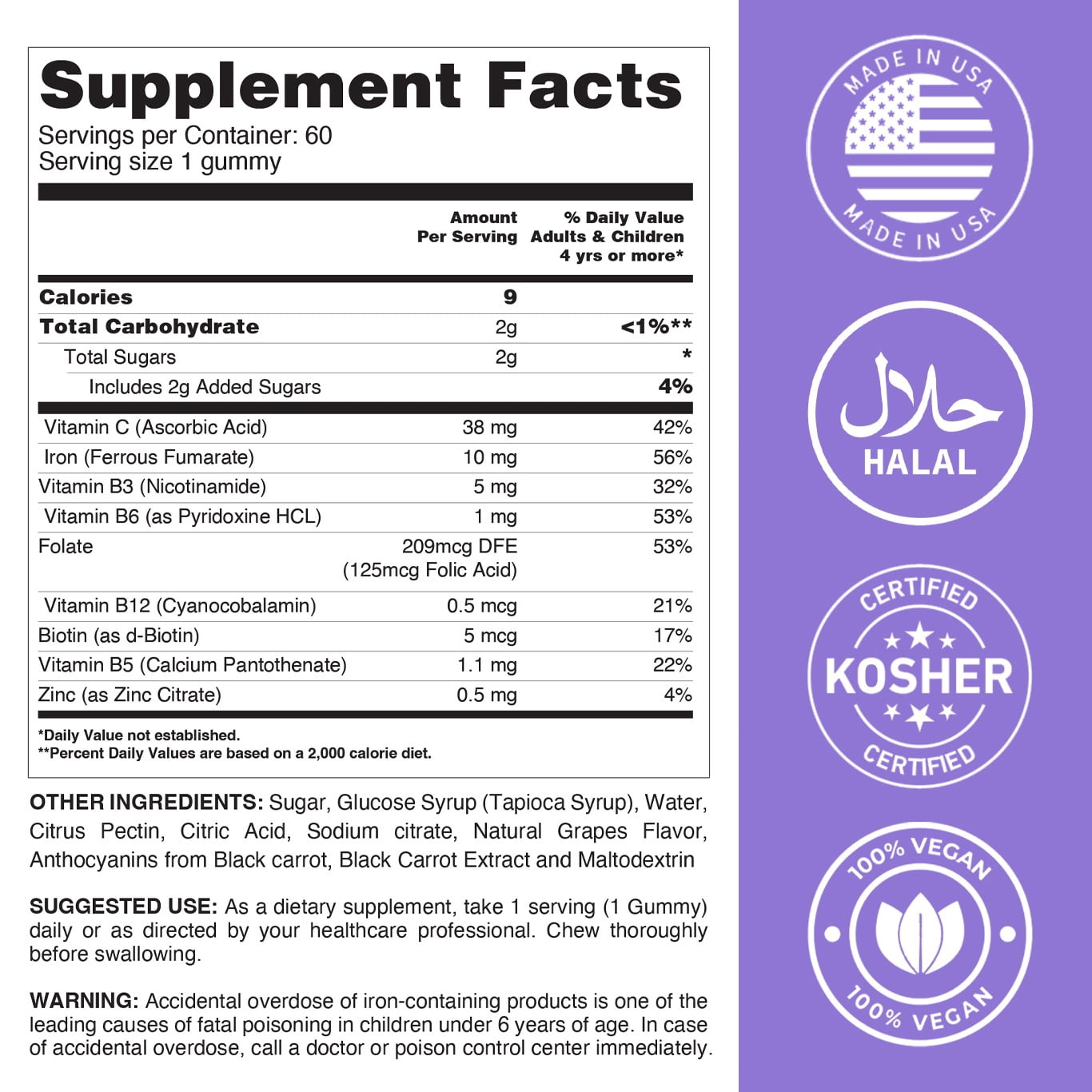 LIVS Iron Plus Gummies - Iron Gummies with Vitamin C, B12, Folate, Zinc & Biotin - Energy, Immune & Blood Support - Grape Flavor - Pack of 2 - 180 Count with 90 Servings