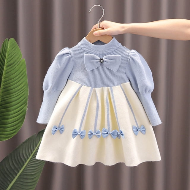 RXIRUCGD Robe à Manches Longues à Col Rond pour Fille de 1 à 8 Ans, Mignonne, en Dentelle Patchwork, avec Nœud Loli ( Bleu Pâle, Taille : 2-3 Ans )