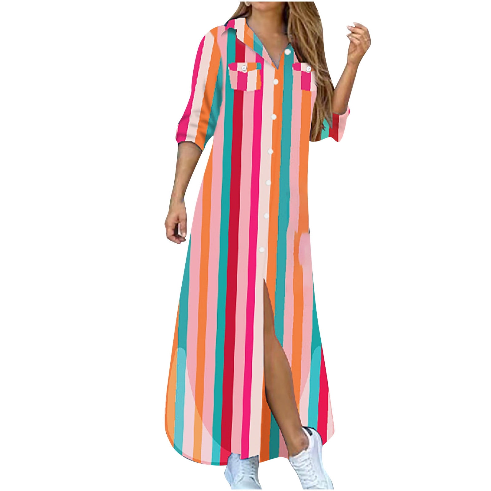 Women's Long Sleeve Shirt Dress Button Down Lapel Collared Loose Maxi