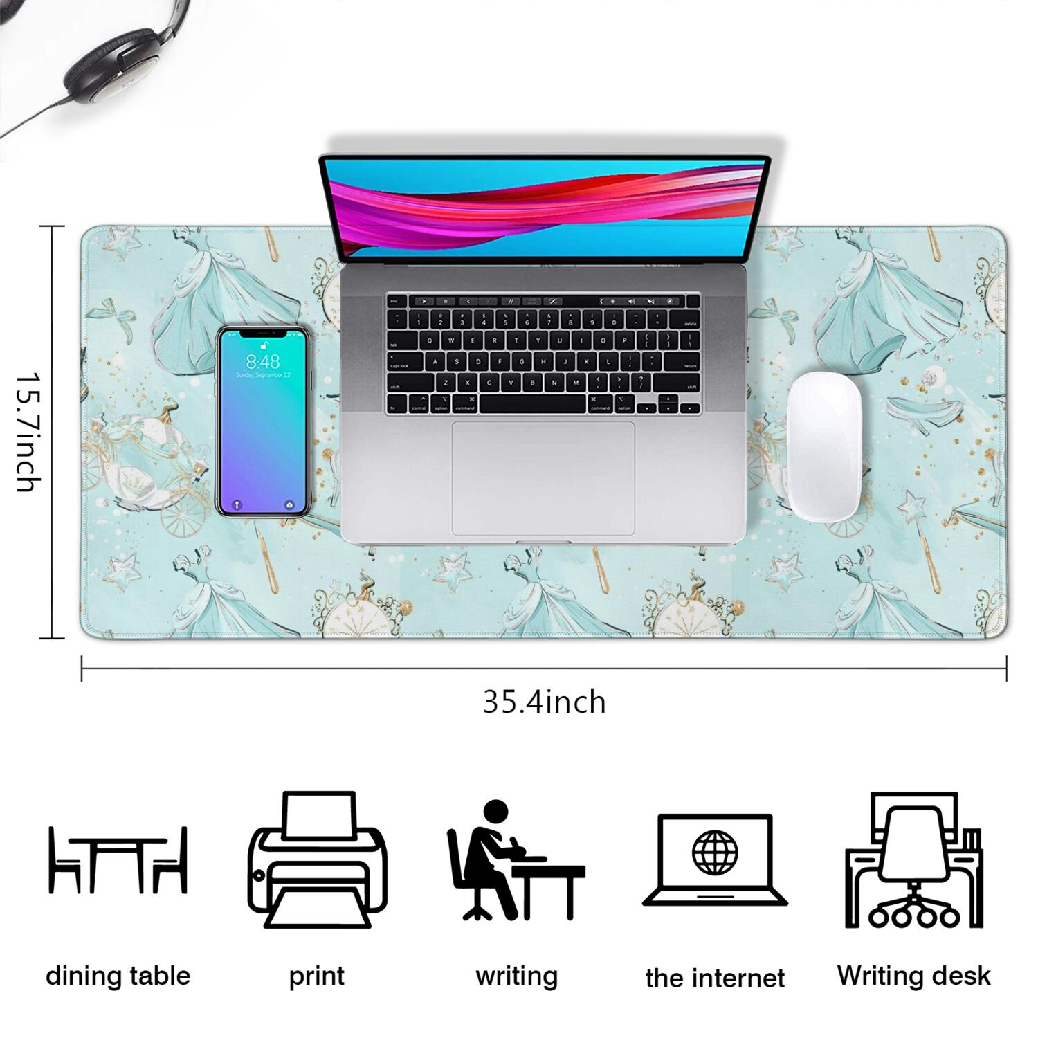 Long Mouse Pads for Desk,Princess Pattern Desk Mats on Top Of Desks, Desk Mouse Pad Extra Large with 3mm Non-Slip Base and Stitched Edge for Gaming,Office,Work,Home 35.4"x15.7"