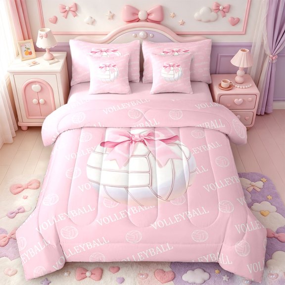 Manfei Pink Bowknot 7-Piece Twin Bedding,3D Cartoon Volleyball Pattern Bedding Comforter Set,Pink Reversible