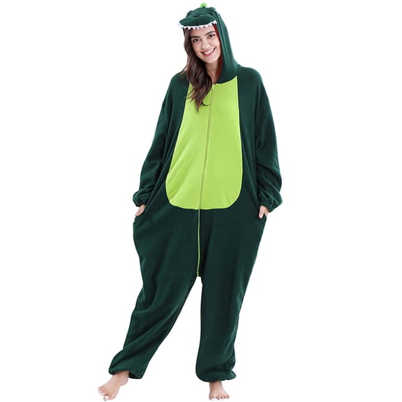 TEAJOPSUU Snug Fit Unisex Adult Onesie Pajamas Polar Fleece Animal One Piece Sleepwear Casual Plush Fleece Zip Up Hooded Homewear Loungewear for Men and Women H-Green