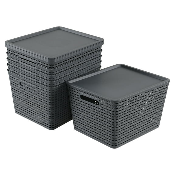 Ewingger Lidded Plastic Storage Baskets, 6 Pack Woven Baskets for Shelves, Dark Grey