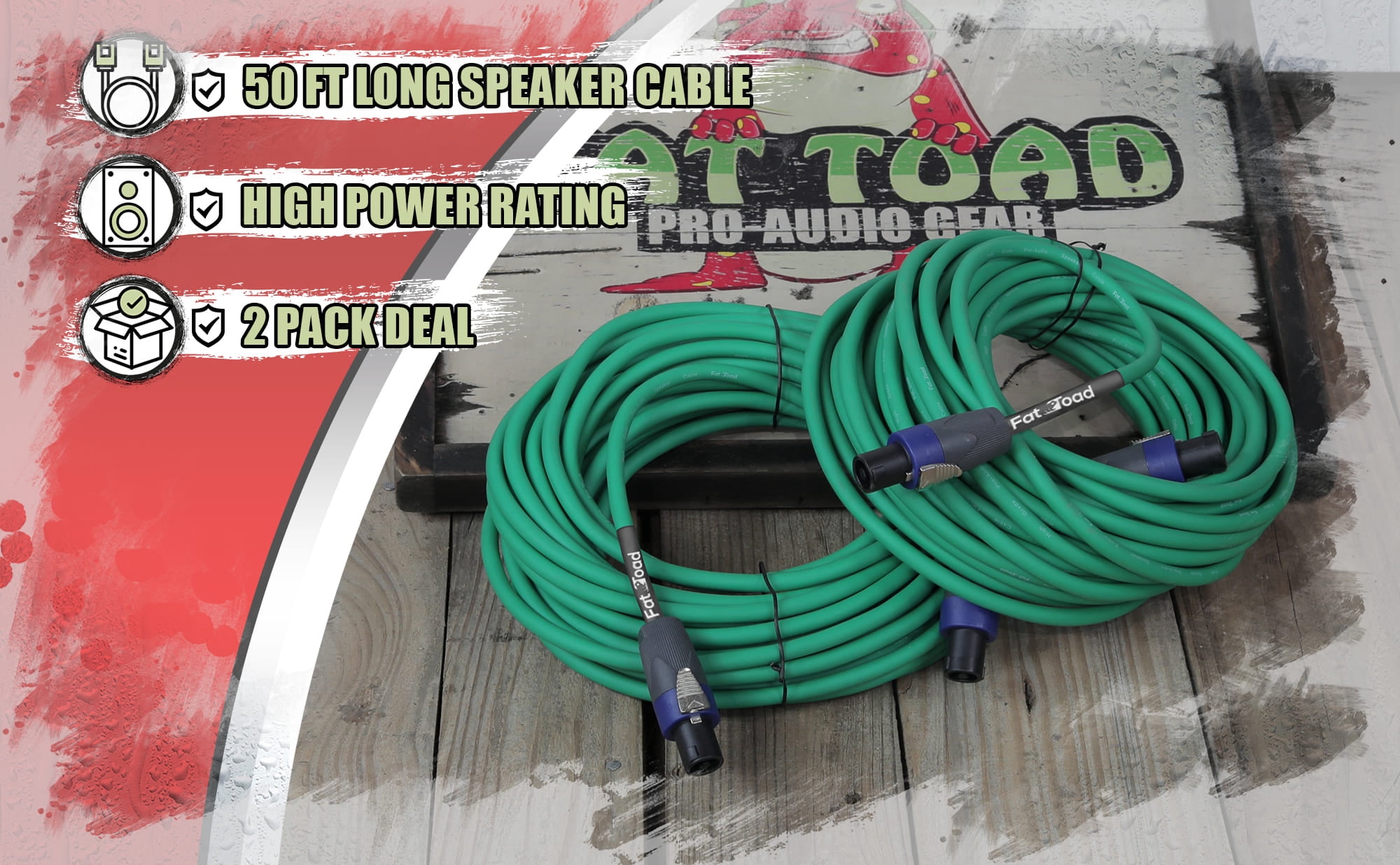 Fat Toad Speakon Cables (2 Pack) - 50 ft Professional Pro Audio Green Speaker PA Cord with Twist Lock Connector - 12 AWG Wire for Impeccable Studio Recording & Stage Performance Gear