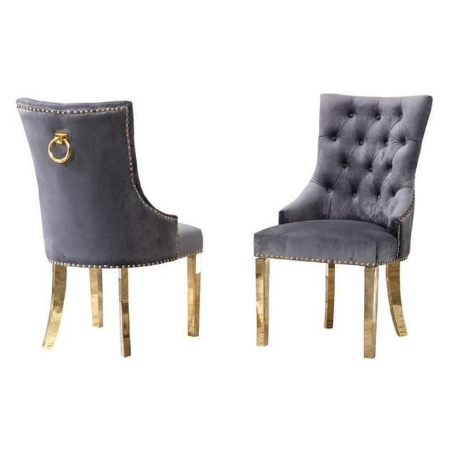 Double Tufted Gray Velvet Side Chairs with Gold Stainless Steel Legs