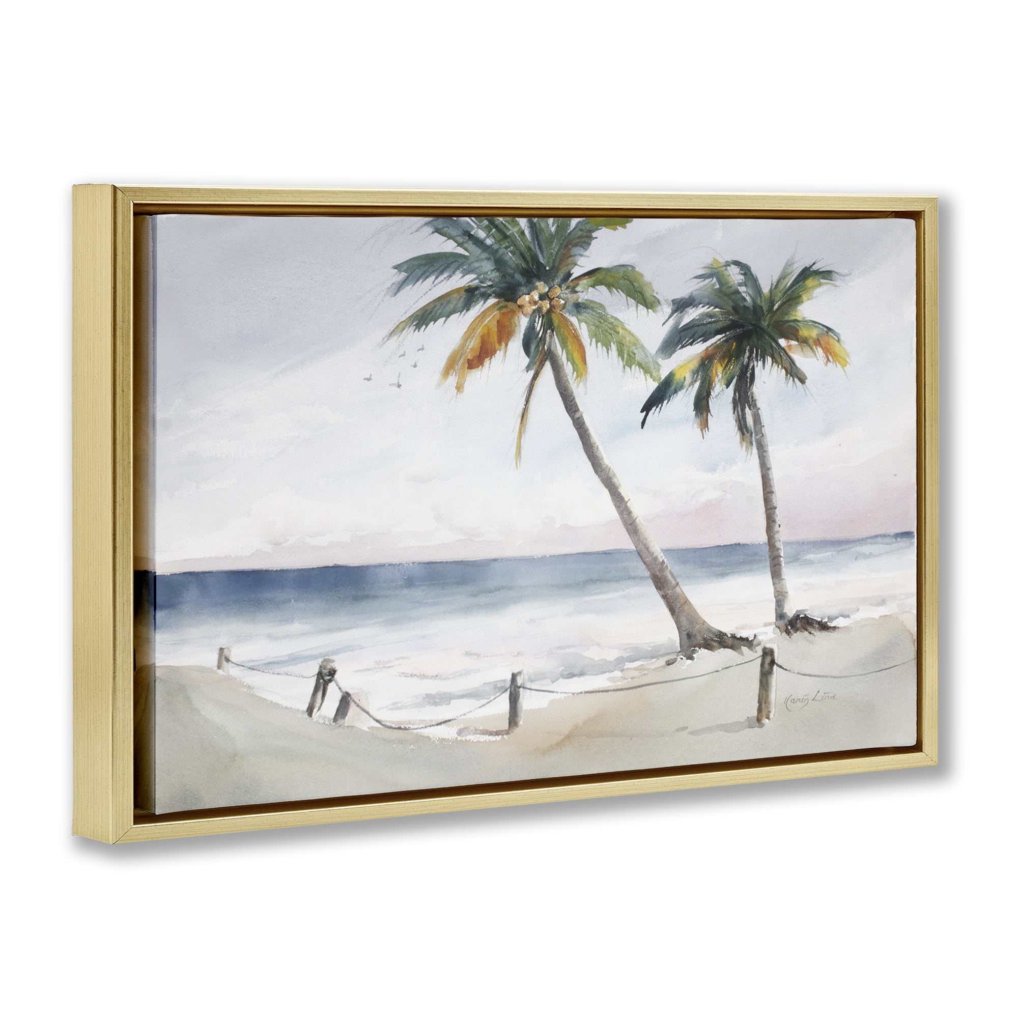 Stupell Industries Two Palms Serene Coast Nautical & Beach Painting Gold Floater Framed Canvas Art Print Wall Art, 31 x 21