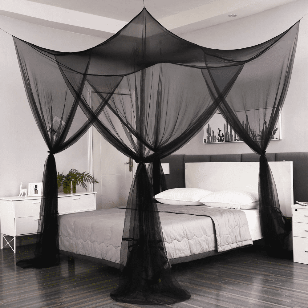 Wehilion Mosquito NET for Bed Canopy, Four Corner Post Curtains Bed Canopy Elegant Mosquito Net Set, Stick Hook for net, Screen Netting Canopy Curtains, Black