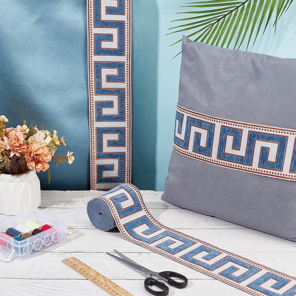 4.37 Yard Embroidered Drapery Trim 3-5/8 Inch Wide Polyester Jacquard Grid Ribbon Blue Geometric Jacquard Ribbons Great Wall Grid Curtain Trim
