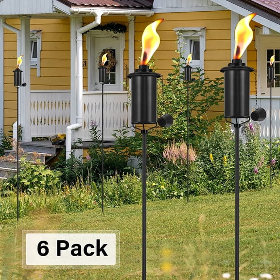 6 Pack Garden Torches, 16 oz Metal Torch for Outside with 3-Prong Grounded Stake, Outdoor Decorative Citronella Torches, 59 inch Garden Décor Torches