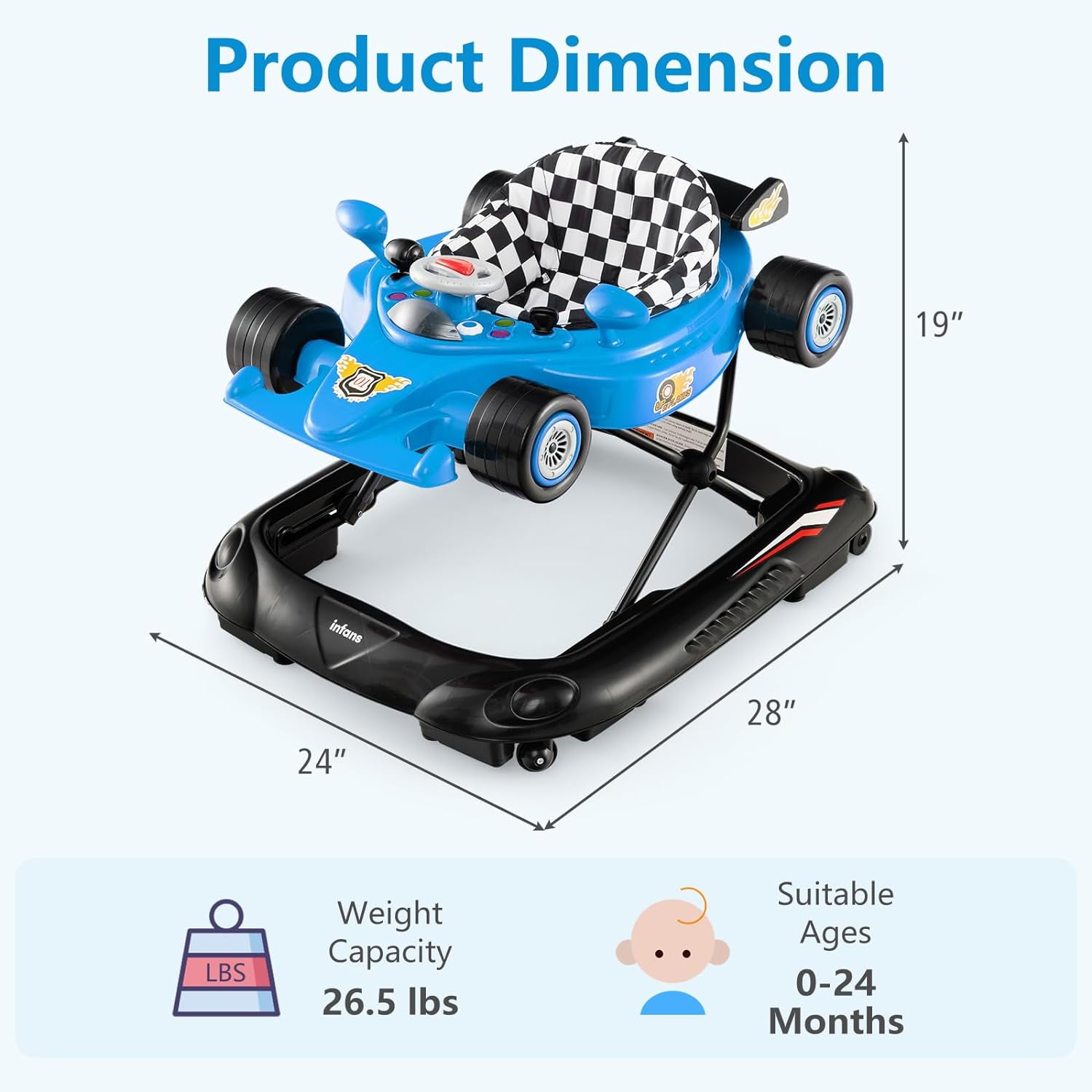 INFANS Foldable Baby Walker, Toddler Activity Center Leaning-Seated Walk-Behind with Steering Wheel, Adjustable Height, Lights, Music, Washable Seat Cushion (Blue)