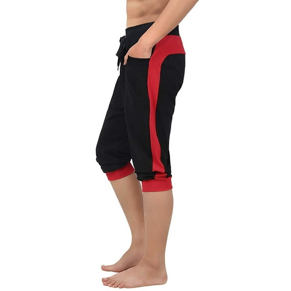 HDE Men's Cotton Casual Shorts 3/4 Workout Jogger Capri Pants Breathable Below Knee Short Pant with Two Pockets, XX-Large (Black w Red Stripe)