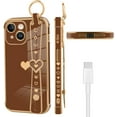 thumbnail image 5 of Compatible with iPhone 14 Case 6.1 Inch Cute Heart Pattern for Women Girls Soft Plating Bumper Anti-Scratch Protective Cover with Wrist Strap Band Kickstand Holder-Brown, 5 of 12