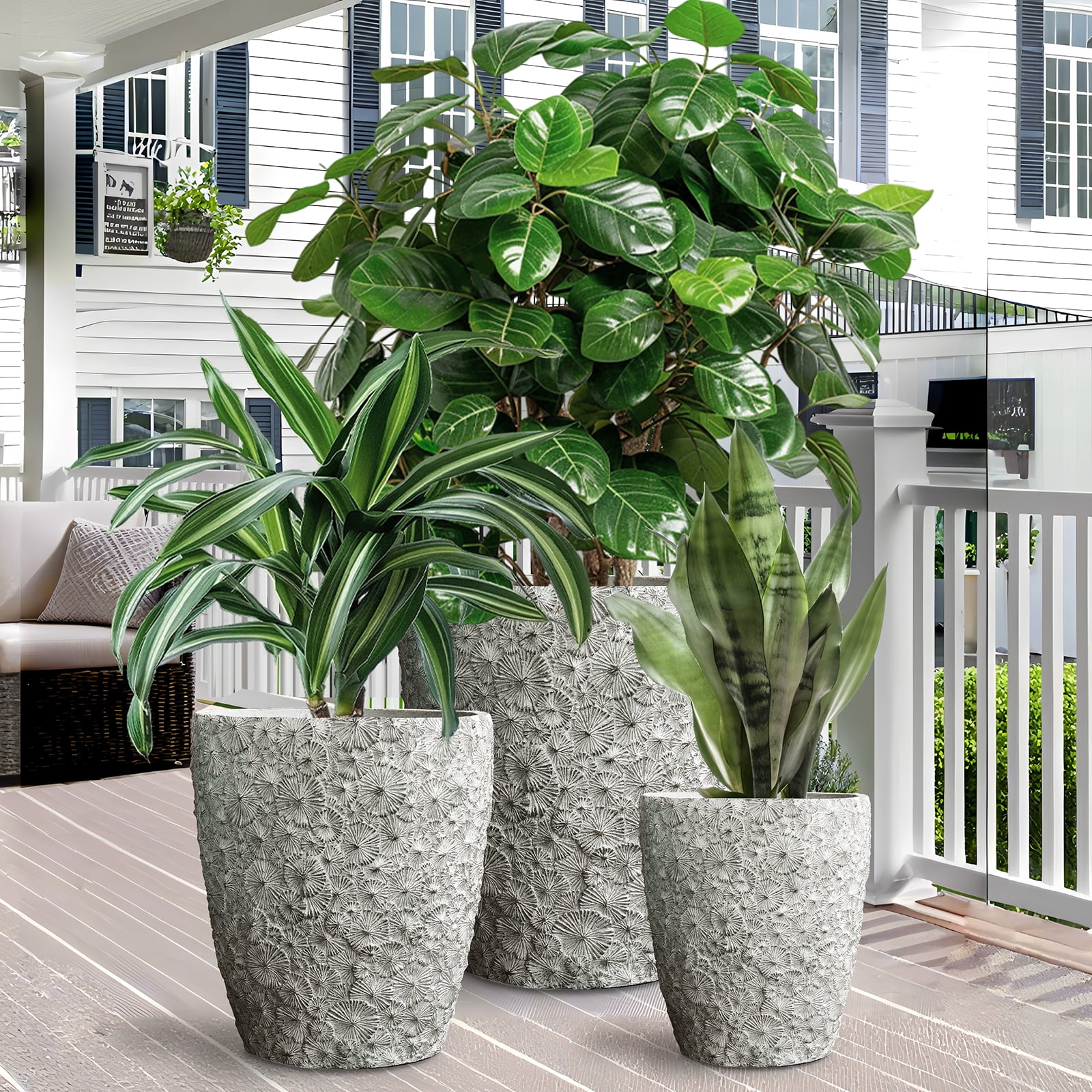 Large Concrete Planters Set of 3, Big Round Outdoor Indoor Garden Pots with Drainage Hole & Rubber Plug, 18/13/9 Inch Diameter ( (SH001)