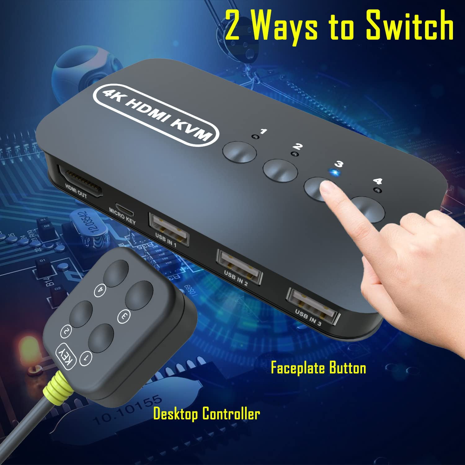KVM Switch 4 Ports, HDMI USB Selector for 4 Computers Share Keyboard Mouse Printer and One HD 4K Monitor, Including 4 KVM Cables