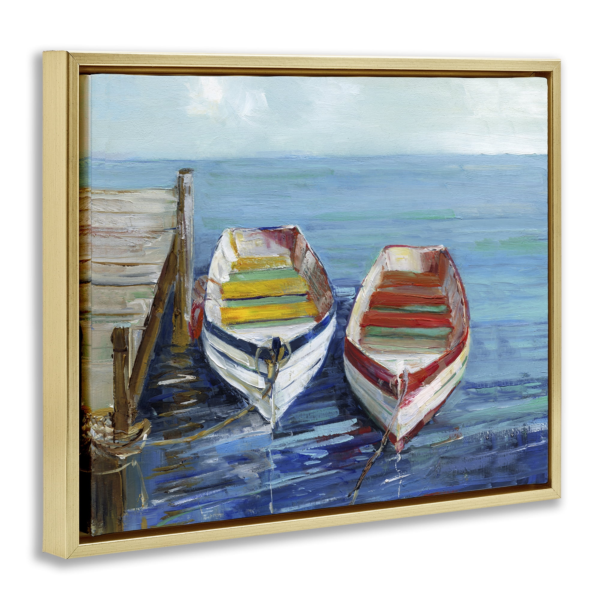 Stupell Industries Twin Boats by Dock Nautical & Beach Painting Gold Floater Framed Canvas Art Print Wall Art, 21 x 17