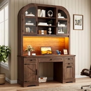 Aphthongs 83" Height Farmhouse Computer Desk with Hutch, 58" Wide Executive Desk with 4 Drawers & 9 Storage Compartments & Charging Station and LED Lights, Workstation for Home Office, Brown