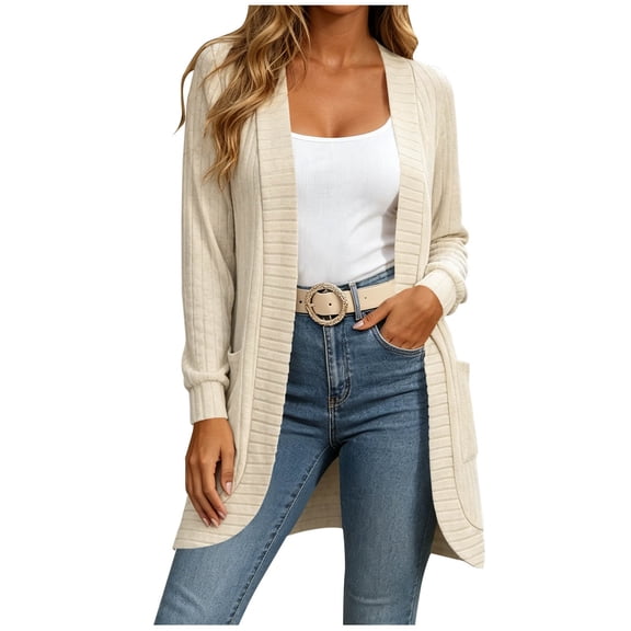 MaFYtyTPR Cardigans for Women Casual Knit Open Front Coat Lightweight Fall Outerwear with Pockets 01-Beige L