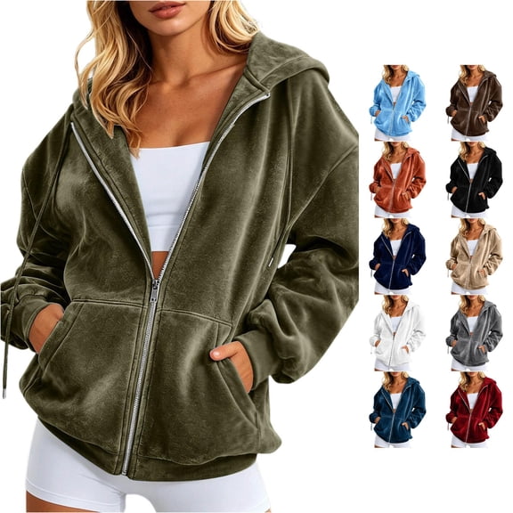 Trendfront Womens Velour Zip Up Hoodie Long Sleeve Full Zip Sweatshirt Soft Texture With Side Pockets Hooded Jacket
