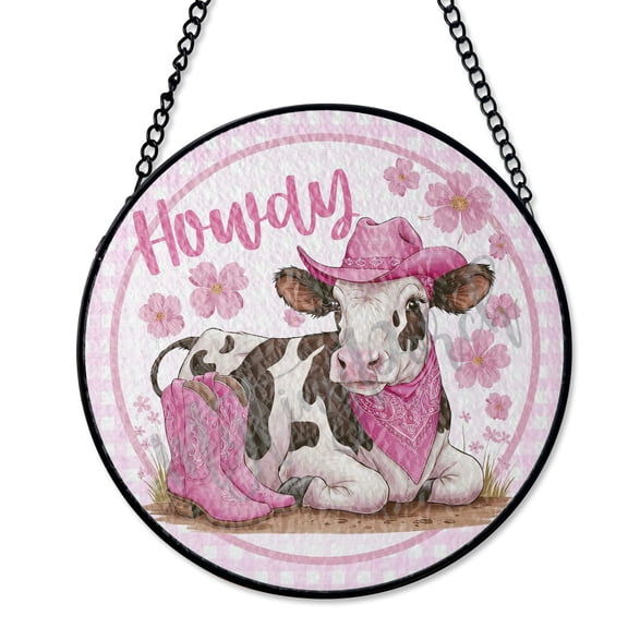 Girly Cow Farmhouse Style Stained Glass Suncatcher UV Printed Glass, Rustic Floral Animal Decor, Round