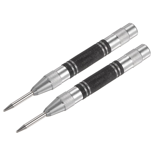 Automático Central Punzón, 5 Pulgadas Resorte Centrales Agujeros Perforador Marcador Manual Herramienta Ajustable Negro + Plateado Tono para Madera Metal Plástico 2uds