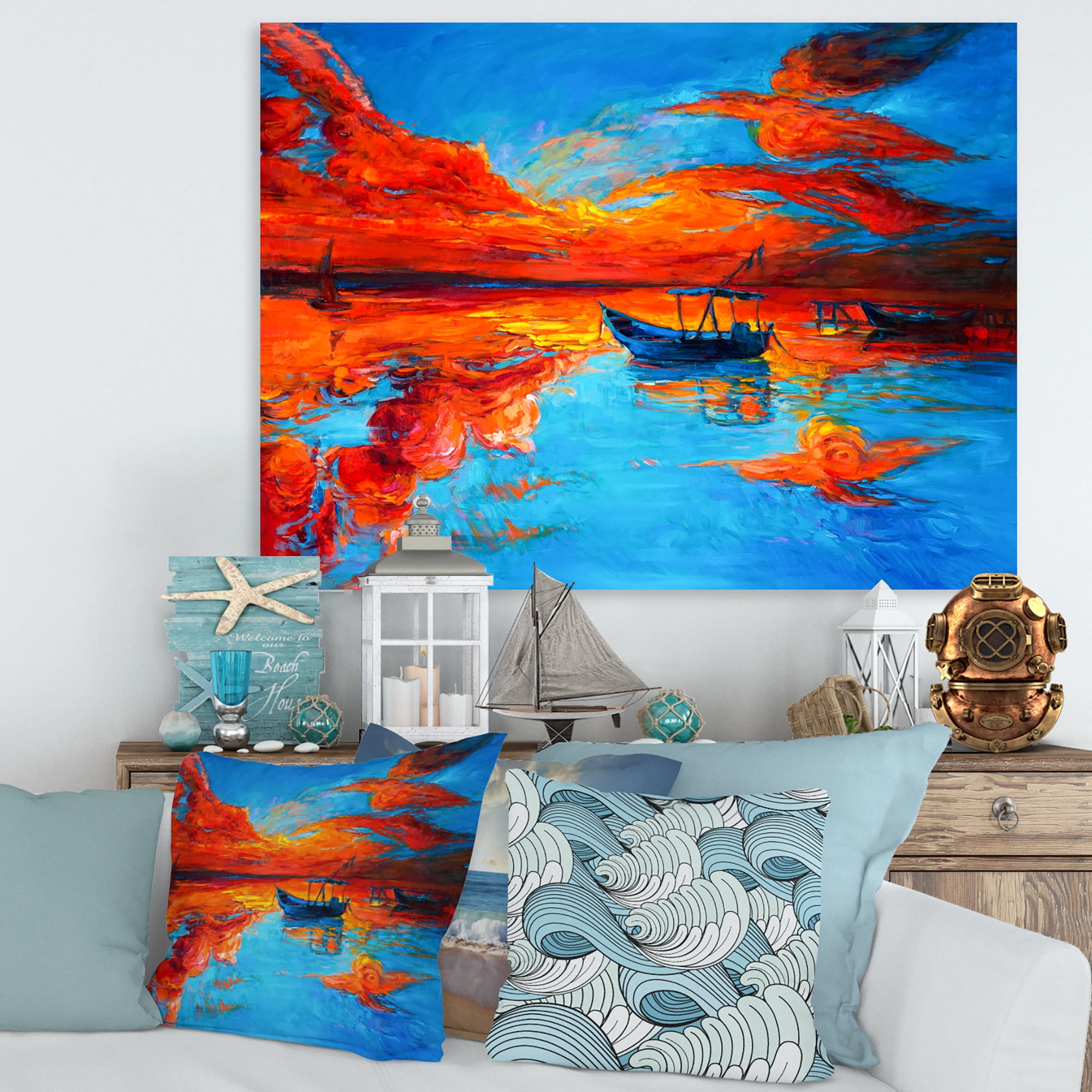 Designart ' Boats During Warm Sunset Resting On The Water VI ' Nautical & Coastal Canvas Wall Art Print