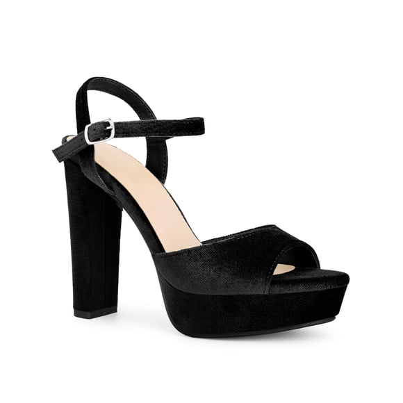 BLISSFUL STEP Women's Block High Heels Ankle Strap Platform Heel Sandals Black (Size 7)