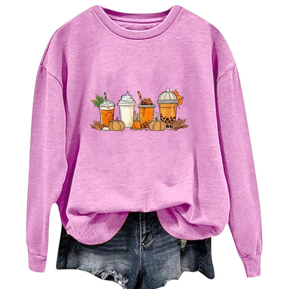 Rbaofujie Sweater Hoodie Women's Round Neck Printed Long Sleeve Hoodless Sweatshirts Top Pink Womens Sweater Tops