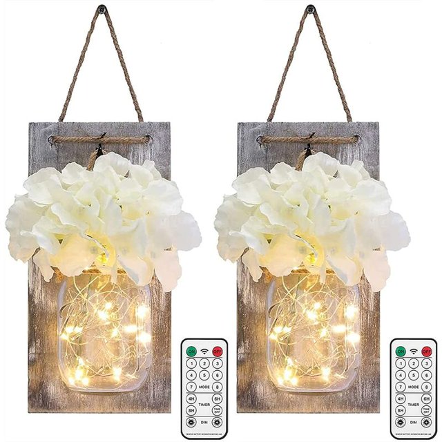 Apliques de pared Mason Jar con mando a distancia, decoración de pared de dormitorio rústico, temporizador, flores artificiales, funciona con pilas, luces colgantes con tira LED para decoración de granja (juego de 2) esquí esquí Gafas de esquí