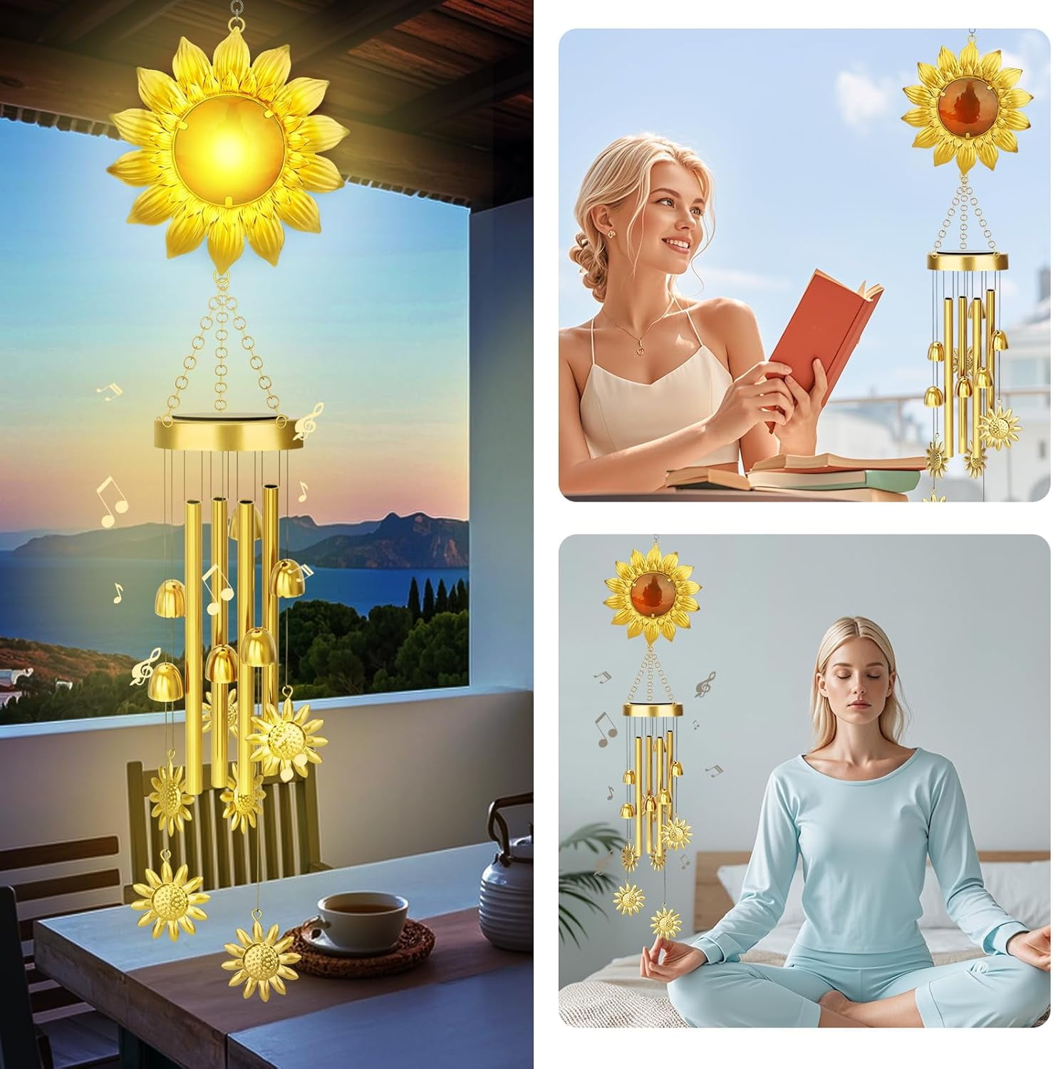 JYPS Solar Wind Chimes with Sunflower LED Lights, 42-Inch Large Waterproof Outdoor Garden Decor for Patio Yard, Unique Gifts for Women Mom Grandma, Mother's Day Birthday Easy-Install Design
