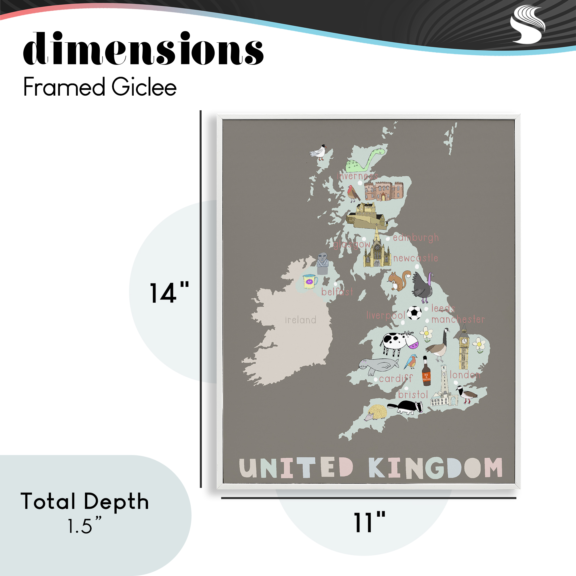 Kid's Map of United Kingdom White Framed Giclee Art, design by Carla Daly