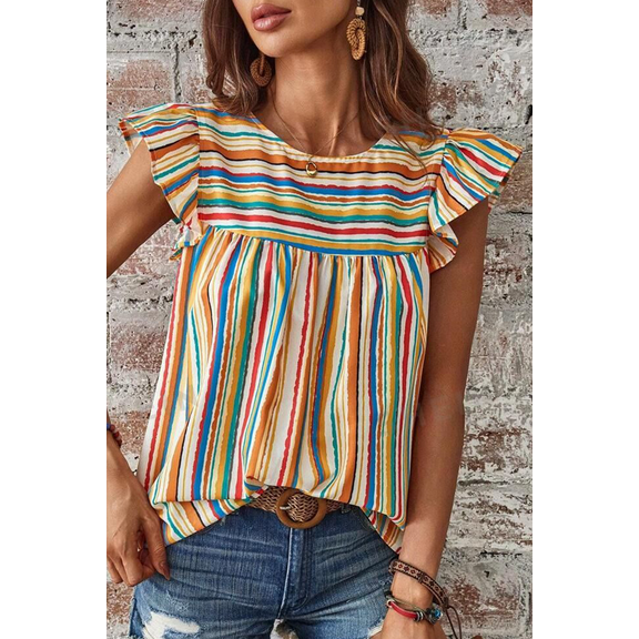 Multicolour Vibrant Stripes Printed Flutter Sleeve Babydoll Daily Shift casual Blouse