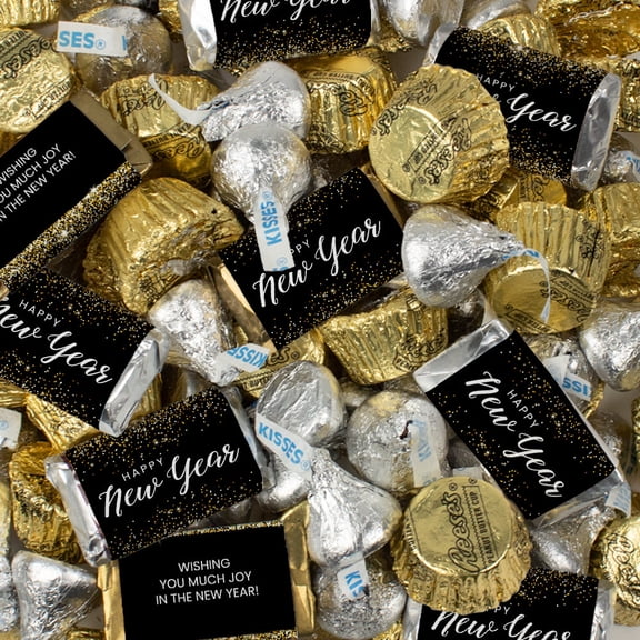220 Pcs New Years Eve Party Mix - Miniatures, Silver Kisses & Gold Peanut Butter Cups (3.25lb)