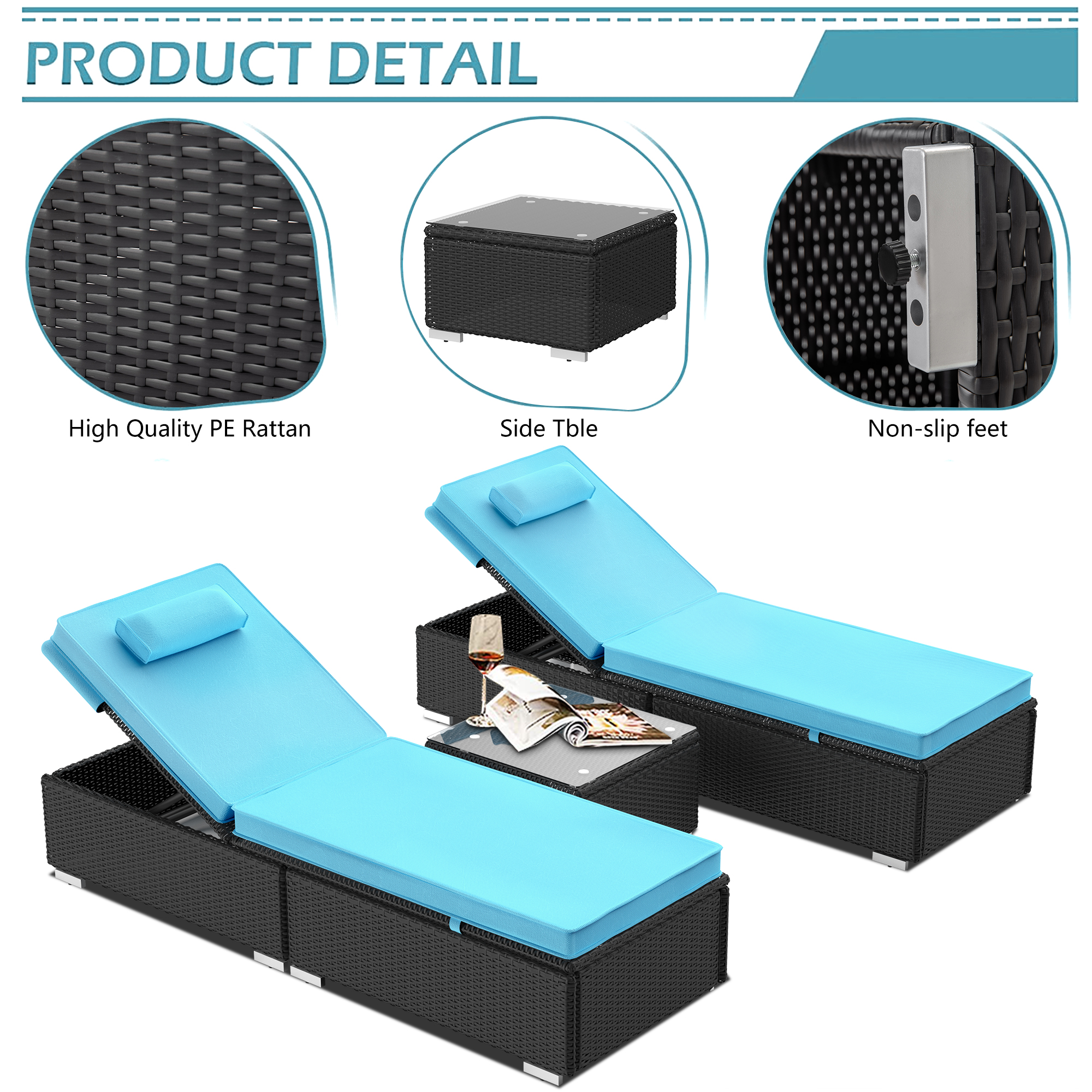 SESSLIFE 2 PCS Lounge Chair for Outside, Adjustable 5 Position Rattan Wicker Outdoor Chaise Lounge with Head Pillow & Thickened Cushion for Poolside, Patio, Garden, Deck (2, Light Blue) - image 5 of 8