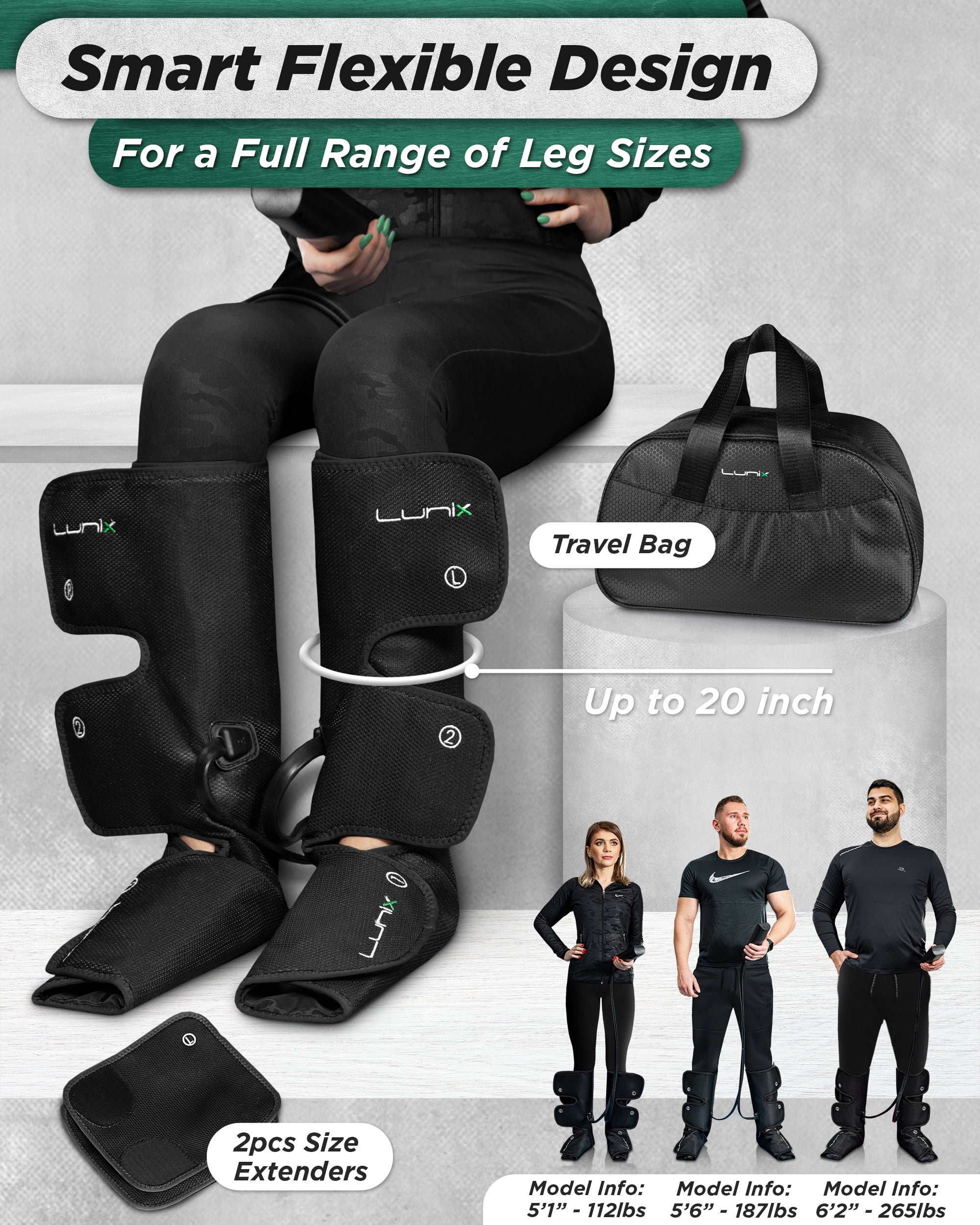 Lunix LX1 Foot and Calf Compression Massager, Cordless Rechargeable Leg Massager with Heat, Charcoal Black
