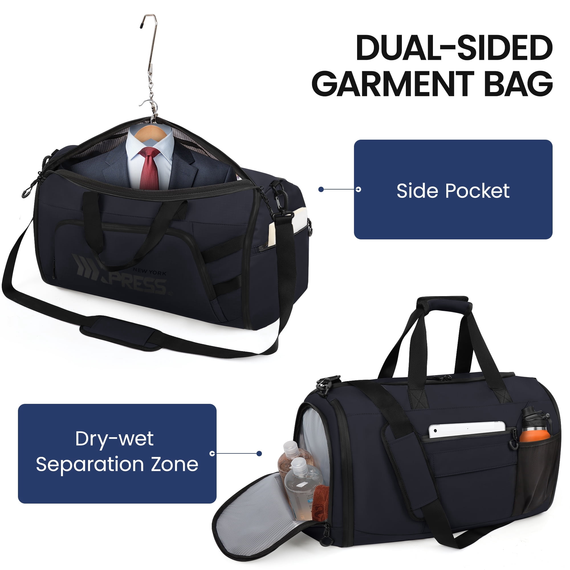 Convertible Garment Duffel Bag with Shoulder Strap, Foldable Duffle Bag for Men Women, 2-in-1 Hanging Suitcase Suit Travel Bag, Navy - GB261