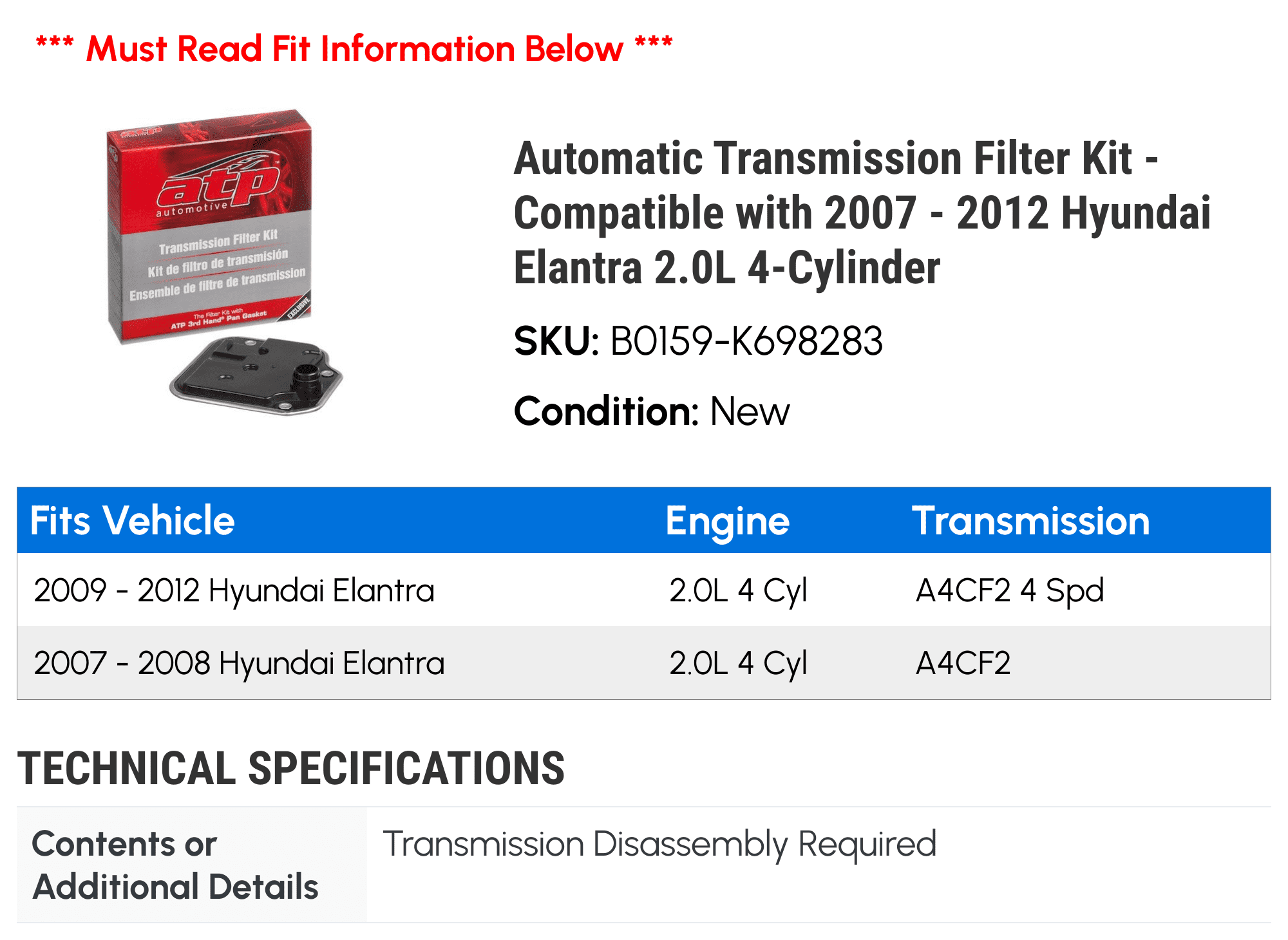 Automatic Transmission Filter Kit - Compatible with 2007 - 2012 Hyundai Elantra 2.0L 4-Cylinder 2008 2009 2010 2011