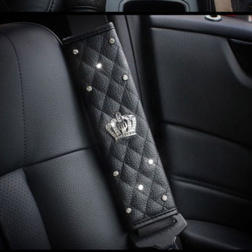 Crown Car Accessories for Women Car Leather Seat Belt Cover Rhinestone Shoulder Pad Crown Crystal Diamond Auto HandBrake Gear Covers Universal Fit All Car 
