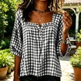 thumbnail image 3 of Guluxicc Women's Plaid Blosures Plus Size Loose Scoop Neck Short Bubble Sleeve Tops for Everyday Wear Spring Summer Casual Outfits, 3 of 4