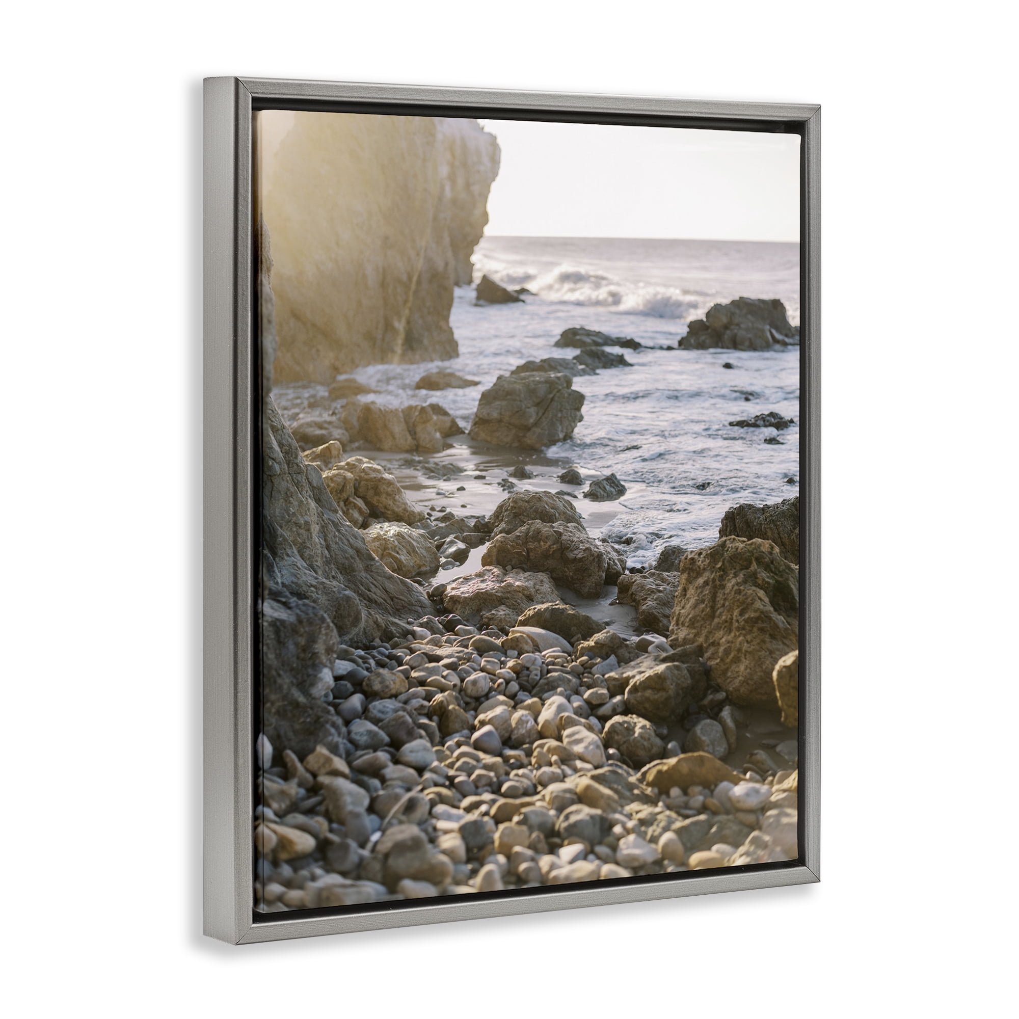 Stupell Industries Rocky Coast Waves Landscape Photography Gray Floater Framed Canvas Art Print Wall Art, 25 x 31