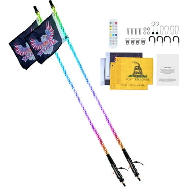 KFFKFF 2 Pack 4ft LED Whip Lights, Dual Control via APP & RF Remote, Waterproof 360° Spiral RGB Lights with 4 Flags, Suitable for UTVs, ATVs, Motorcycles, RZR, Can-am, Trucks, Off-road Vehicles