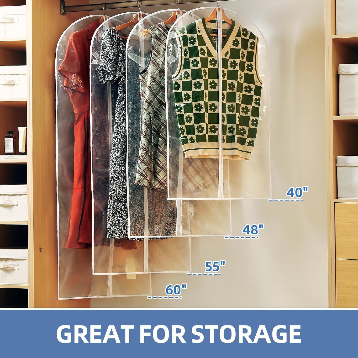 60inch (Approx. 152.4cm ) Garment Bags, Pack of 12 Transparent Clothing Bags for Hanging Clothes, Plastic Waterproof Garment Covers with Zipper, Suitable for Dresses, Coats, Uniforms (12-Piece Set)